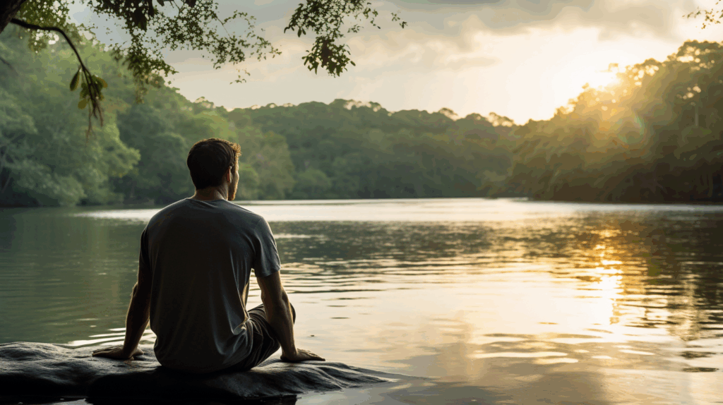 Hombre sentado junto a un río al atardecer, representando la importancia de dejar fluir las emociones y la gestión emocional consciente.